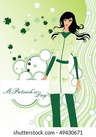 abstract green wave, artwork background with modern girl