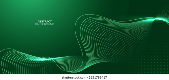 Abstract green wave background shining lines. Dynamic wave pattern. Futuristic technology concept.