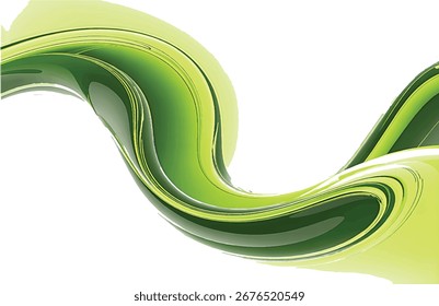 Uma onda verde abstrata com aparência brilhante e fluida e realces claros, sugerindo movimento e energia.