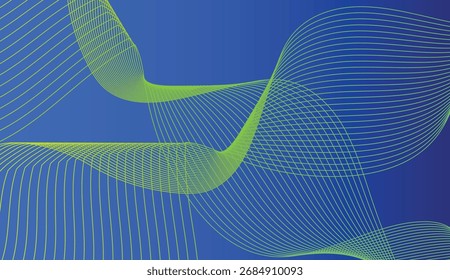 Linhas de ondas verdes abstratas fluindo suavemente através de um fundo de gradiente azul profundo no design moderno. Vetor eps 10