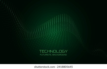 Abstract green wave particles technology futuristic flow sound mesh pattern grid landscape digital data structure consist dot elements background vector illustration.