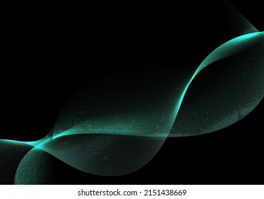 Abstract green wave or wavy lines glow light effect with particles on black background. Vector illustration