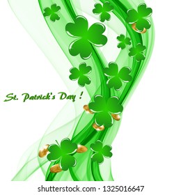 Abstract green waves and clover petals with gold coins on a white background