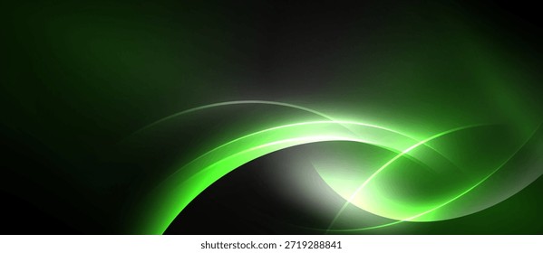 Ondas verdes abstratas, efeitos de luz dinâmica, curvas suaves. Fundo escuro cria contraste, elemento de design moderno.