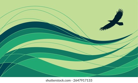 Abstract green waves with a flying eagle silhouette. Nature-inspired vector for environmental themes, freedom, and dynamic designs.