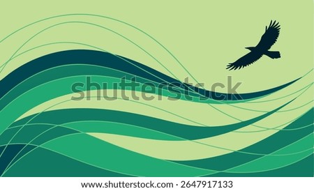 Abstract green waves with a flying eagle silhouette. Nature-inspired vector for environmental themes, freedom, and dynamic designs.