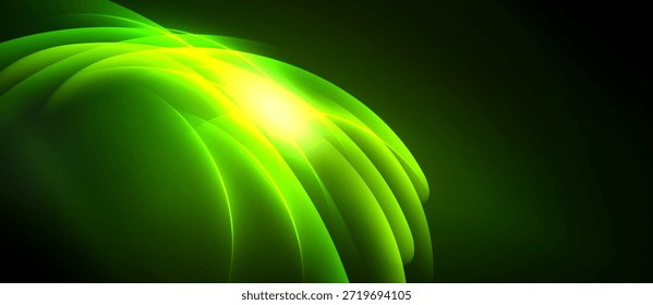 Abstractas ondas verdes irradian desde el centro brillante. Las curvas suaves crean un efecto visual dinámico y fluido. El fondo oscuro enfatiza la luminosidad.