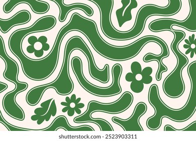 Abstract green waves trendy background in 60s, 70s retro style. Modern wavy fluid organic shapes backdrop