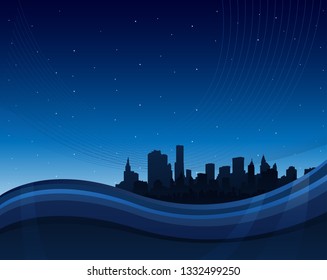 Resumen de fondo de ondulación verde con silueta de paisaje urbano