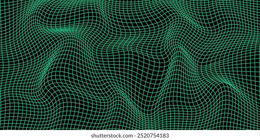 Abstract green wavy 3d mesh on dark background. Geometric dynamic wave. 3D technology wireframe. Vector illustration.