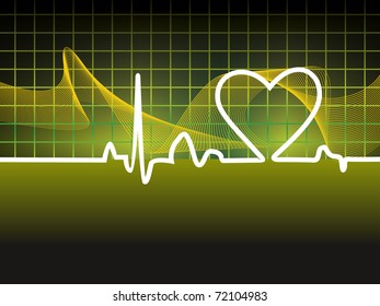 abstract green wavy background with heartbeat, vector illustration