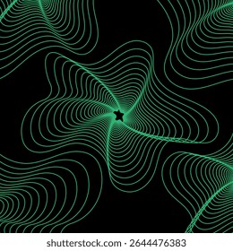 Abstract Green Wavy Background on Black, Futuristic Digital Artwork