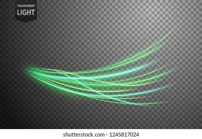 Abstract green wavy line of light with a transparent background, isolated and easy to edit. Vector Illustration