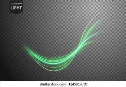 Abstract green wavy line of light with a transparent background, isolated and easy to edit. Vector Illustration