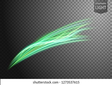Abstract green wavy line of light with a transparent background, isolated and easy to edit