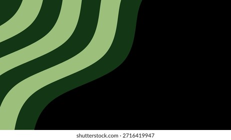 Fundo abstrato de linhas onduladas verdes com espaço de cópia preto. Modelo de borda líquida groovy retro 70s para texto. Sálvia e floresta verde fluido curva formas em fundo preto.