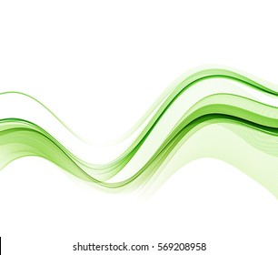 Abstract green wavy lines. Colorful vector background. Green transparent wave