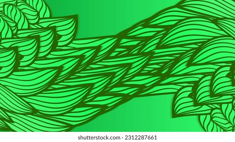 Abstract green web background of doodle shapes, lines on green background with blank space in center for text. Minimalist wavy background.