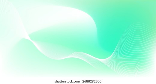 Abstract green and white gradient background with glowing wavy lines. Minimalist background for banners, posters, covers, brochures, flyers, and websites.