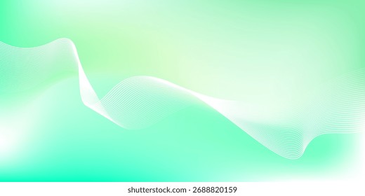 Abstrakter, grün-weißer Farbverlauf-Hintergrund mit glühenden, wellenförmigen Linien. Minimalistischer Hintergrund für Banner, Poster, Cover, Broschüren, Flyer und Websites.