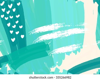 Abstract green with white hearts.Hand drawn with paint brush seamless background.Modern hipster style design.