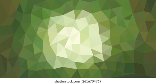 Abstract green and white low poly background featuring a central light shape surrounded by various shades of green triangles, creating a geometric, modern art style.


