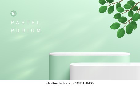 Abstract green and white round corner cube platform podium. Window lighting and green leaf. Pastel light green minimal wall scene. Vector rendering 3d shape for cosmetic product display presentation.