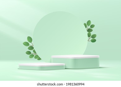 Abstract green and white round corner cube platform podium. Circle backdrop and green leaf. Pastel light green minimal wall scene. Vector rendering 3d shape for cosmetic product display presentation.