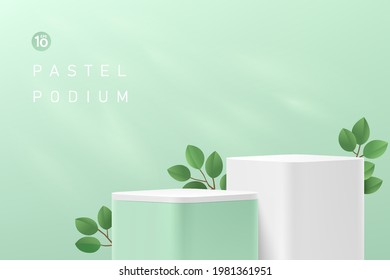 Resumen del podio de la plataforma de cubo de esquina redonda verde y blanco. Iluminación de ventanas y hojas verdes. Escena de pared mínima de color verde claro pastel. Forma 3d de representación vectorial para presentación de productos cosméticos.