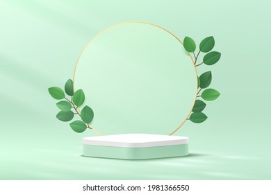 Resumen del podio de la plataforma de cubo de esquina redonda verde y blanco. Fondo circular y hoja verde. Escena de pared mínima de color verde claro pastel. Forma 3d de representación vectorial para presentación de productos cosméticos.