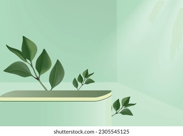 Abstract green and white round corner cube platform podium. Window lighting and green leaf. Pastel light green minimal wall scene. Vector rendering 3d shape for cosmetic product display presentation.