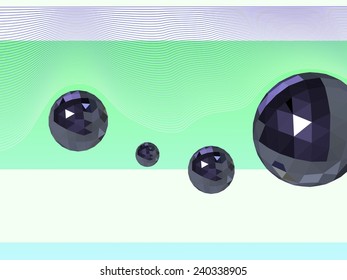 abstract green whites background with spline, forward dark glass sphere with glossy facet