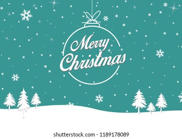 Abstract Green Winter Background with Merry Christmas Text in Christmas tree ball