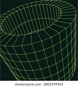 Abstract green wireframe 3D cylinder grid mesh structure with perspective depth on black background.