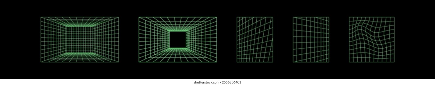 Abstract green wireframe grid patterns forming rectangular and warped 3D shapes on a black background, showcasing futuristic design. Isolated vector
