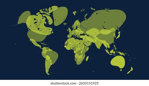 Abstract green world map with splash shapes on dark blue. Artistic distorted global layout for education, posters, infographics, creative design. Vector illustration.