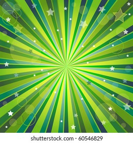 Abstract green and yellow background with rays, stars and balls (vector,  eps10,)