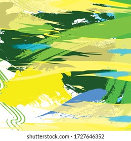 Abstract  green, yellow and blue sky paint brush and strokes, scribble lines pattern background. creative hand drawn and splash colours for your design. Nice tone colours fantasy stripes and grunge