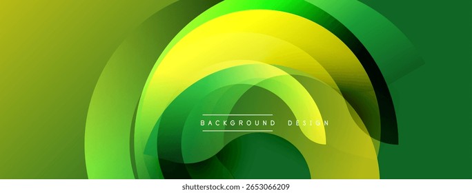 Camadas amarelas verdes abstratas criam um design circular dinâmico. Fundo moderno adequado para apresentações, banners, sites.