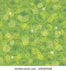 Abstract green - yellow seamless floral background: flowers, butterflies, circles and stars. Vector eps10, contains transparencies