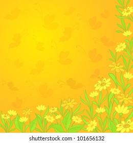 Abstract green and yellow vector background with flowers and butterflies