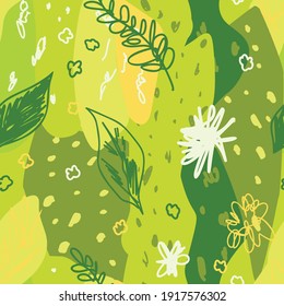 Abstracta la vegetación sin fisuras con elementos botánicos abstractos de estilo memphis en colores verdes brillantes con vibraciones positivas de verano primavera. Textura para impresión, tela, textil, papel pintado.