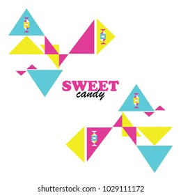 
Abstract greeting card with bright triangles and sweets. Pop art style