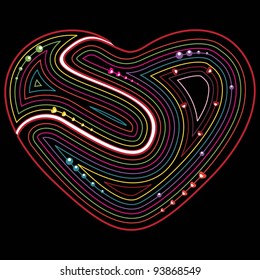 abstract greeting card with colorful retro heart shape on black background for Valentines Day and other occasions.