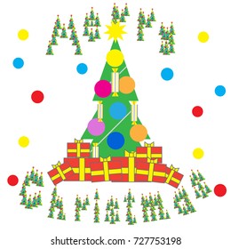 Abstract greeting card with a congratulation of Christmas. Vector image of a tree and gifts. Button for designer, web designer, gamer.