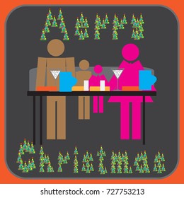 Abstract greeting card with a congratulation of Christmas. Vector image of a family. Button for designer, web designer, gamer.