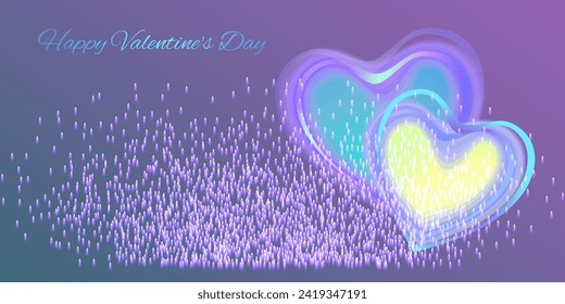 Abstract greeting card with flying stars and glowing hearts on violet sky background. Vector template with purple blue gradient geometric design and lettering Happy Valentines Day.