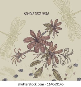 Abstract greeting card with leaves, flowers and dragonflies