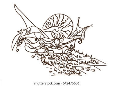 Abstract greeting card. The snail lies in the bathroom on the swamp