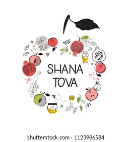 Abstract greeting card with symbols of Jewish holiday Rosh Hashana , New Year. blessing of Happy new year, shana tova. vector illustration template